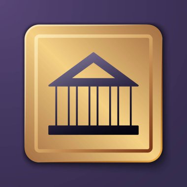 Purple Bank bina simgesi mor arkaplanda izole edildi. Altın kare düğme. Vektör