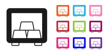 Beyaz arka planda izole edilmiş altın külçeli siyah kasa. Bankada değerli metaller var. Metalik hazine. Güvenilir veri koruması. Simgeleri renklendirin. Vektör