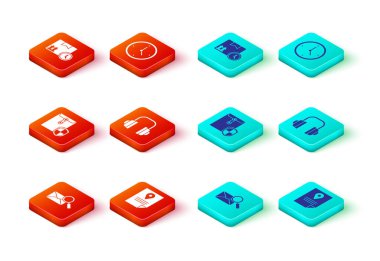 Zarfı büyüteç, belge takip işaretleme sistemi, kalkan, kulaklık, hızlı dağıtım ve karton kutu ve hızlı simge ile ayarla. Vektör