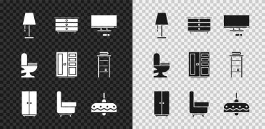 Masa lambası, çekmeceler, Akıllı TV, Gardırop, Koltuk, Avize, Klozet ve ikon. Vektör