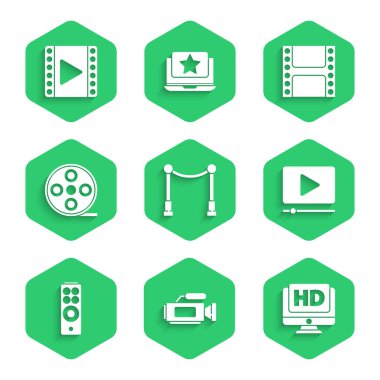 Engelli halı, sinema kamerası, Monitor HD video, Online oyun, Uzaktan kumanda, Film makarası, Play Video ve simge setleri. Vektör