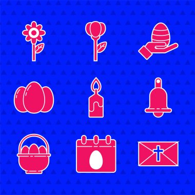 Yanan mum, Paskalya yumurtalı takvim, tebrik kartı Happy, zil, sepet paskalya yumurtaları, insan eli ve çiçek ikonu. Vektör