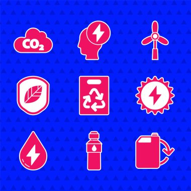 Geri dönüşümlü kağıt torba, bir şişe su, eko yakıt tüpü, güneş enerjisi paneli, su, kalkan yaprağı, rüzgar türbini ve CO2 emisyon bulut simgesi. Vektör