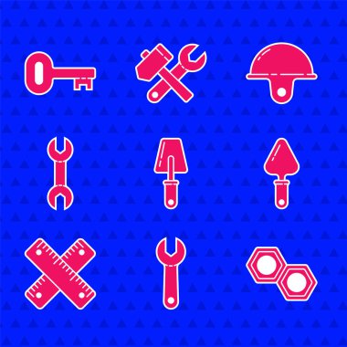 Trowel, İngiliz anahtarı, altıgen metal somun, çapraz cetvel, işçi kaskı ve eski anahtar simgesi. Vektör