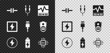 Elektrik devre şemasını, ses krikosunu, elektrikli ölçüm aletlerini, yıldırımı, pili, işlemciyi mikro devreli işlemciyi ve USB kablo ikonunu ayarla. Vektör
