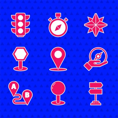 Konum belirle, pimi it, trafik işareti, pusula, güzergah konumu, rüzgar yükseldi ve trafik ışığı simgesi. Vektör