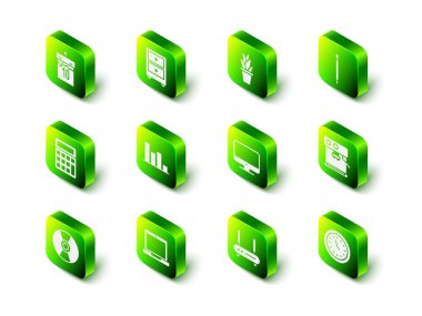 Çekmeceyi belgelerle donat, demlikte bitki, silgi, kahve makinesi, saat, bilgisayar monitörü, Router ve wi-fi sinyali ve dizüstü bilgisayar simgesi. Vektör