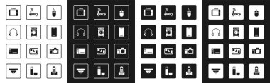 Bilgisayar faresi, Yıkama, Kulaklık, Grafik tablet, Akıllı Telefon, Mobil, Router ve Wi-Fi sinyali, Fotoğraf kamerası ve simge ayarla. Vektör