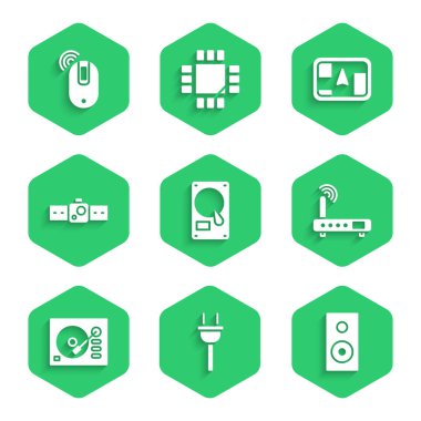 Sabit disk sürücüsü HDD, Elektrik prizi, Stereo hoparlör, Router ve wi-fi sinyali, Vinil oynatıcı, Smartwatch, harita ve kablosuz bilgisayar fare simgesi ile GPS aygıtı ayarla. Vektör