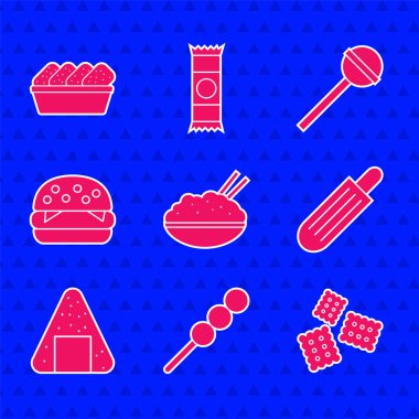 Çubuklu pilav, tahtadan köfteler, kraker bisküvisi, Fransız sosisi, Onigiri, Burger, Lolipop ve tavuk nugget kutusu ikonu. Vektör