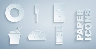 Tortilla ile Taco, saman, Asya eriştesi ve çubuğu, çikolata, kızarmış sosis ve çörek hazırla. Vektör