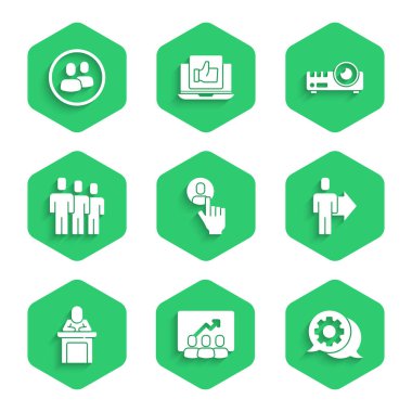 Kafa avcılığı, Proje ekibi üssü, konuşma balonu sohbeti, takım lideri, konuşmacı, kullanıcı grubu, medya projektörü ve simge. Vektör