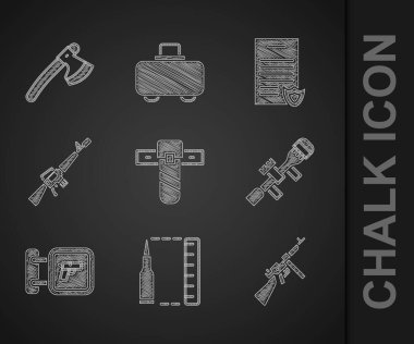 Bıçak kılıfı, mermi, makineli tüfek, keskin nişancı optik görüş, av silahı, M16A1 tüfek, ateşli silah ruhsatı ve tahta balta ikonu. Vektör