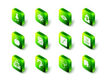 Virüs, kırmızımsı göz, hemşire, klinik kayıt, öksüren adam, dikişli yara, steteskop ve kabızlık ikonu. Vektör