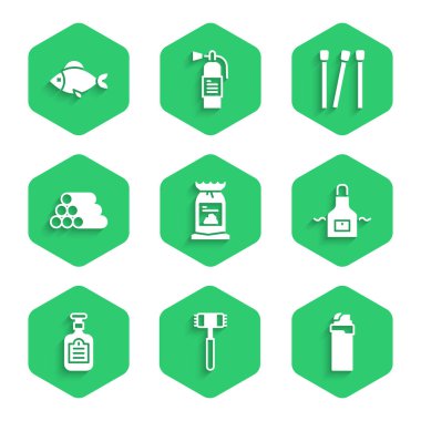 Barbekü kömür torbası, mutfak çekici, çakmak, önlük, sos şişesi, tahta kütükler, kibrit ve balık ikonu. Vektör