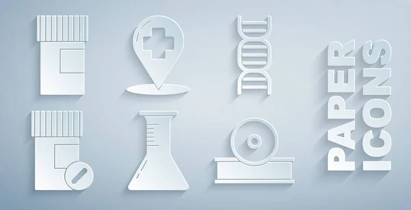 Set Tubo Ensayo Frasco Símbolo Adn Pastillas Para Frascos Medicina — Archivo Imágenes Vectoriales