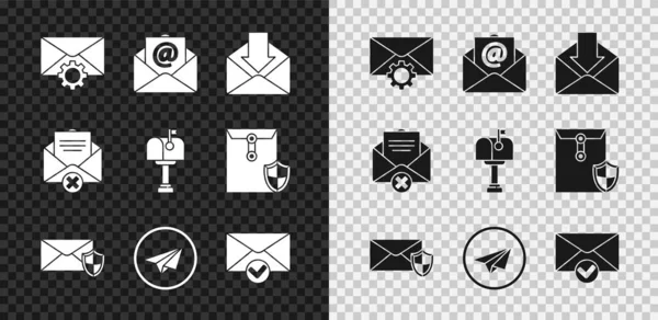 Set Envelope Setting Mail Mail Shield Paper Plane Check Mark — Stock Vector