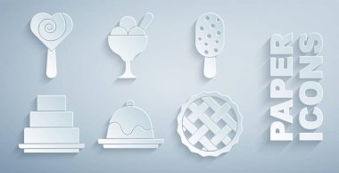 Pasta, dondurma, ev yapımı turta, kasede ve lolipop ikonu. Vektör