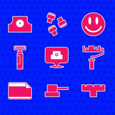 Sprey sprey kapağı, kalem eklentisi, boya fırçası, kağıt yapıştırıcı çıkartması, gülen yüz ve simge. Vektör