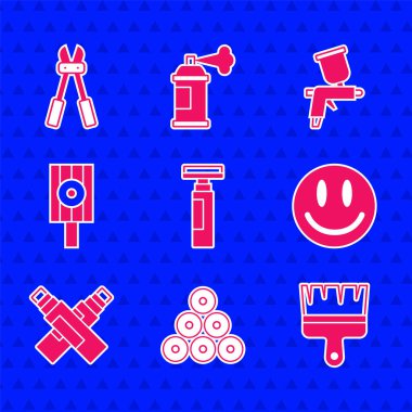İşaret kalemi, boya spreyi, fırça, gülen yüz, sprey başlık, silah ve cıvata kesici ikonu. Vektör