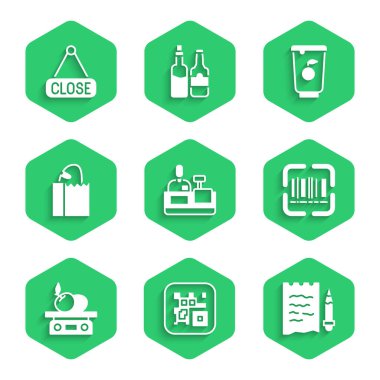 Kasiyeri yazar kasaya, QR koduna, alışveriş listesi ve kaleme, tarayıcı tarama çubuğuna, ürün için elektronik ölçeklere, ekmek somunu ile kağıt torbaya, yoğurt kabına ve asılı işaret simgesine ayarla. Vektör