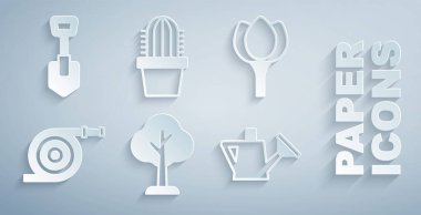 Set Ormanı, Çiçek Lalesi, Bahçe Hortumu, Su Kutusu, Kaktüs Peyote Tenceresi ve Kürek İkonu. Vektör