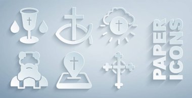 Konum kilisesi binası, Dini çapraz çemberler, Rahip, Hristiyan, balık ve kadeh ikonu. Vektör