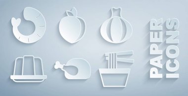 Kızarmış hindi veya tavuk, soğan, jöleli kek, kasede Asya eriştesi, erik suyu ve karides ikonu. Vektör