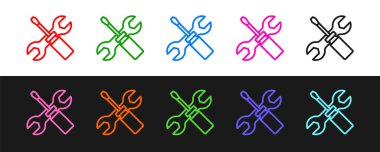 Siyah ve beyaz arkaplanda izole edilmiş çizgi tornavida ve anahtar anahtar araçları simgesi ayarla. Servis aracı sembolü. Vektör.