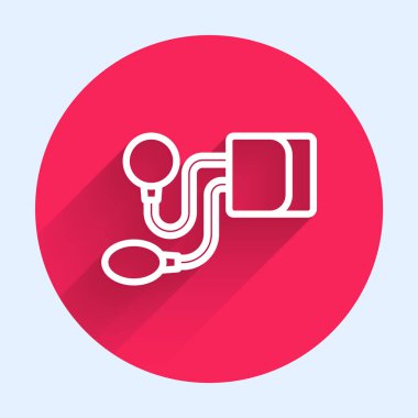 Beyaz çizgi tansiyon ikonu uzun gölgeli izole edilmiş. Kırmızı daire düğmesi. Vektör.