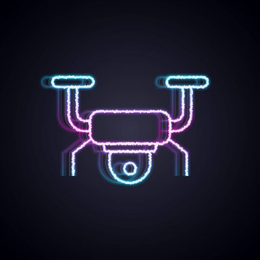 Parlayan neon hattı İHA uçan ikonu siyah arka planda izole edildi. Video ve fotoğraf makinesi sembollü dörtlü helikopter. Vektör.