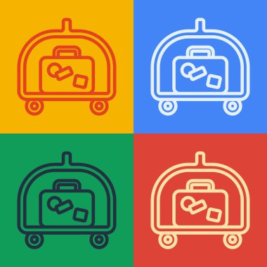 Pop Art Line Otel bagaj arabası ve renkli arka planda bavul ikonu var. Seyahat bagaj tabelası. Seyahat bagaj ikonu. Vektör