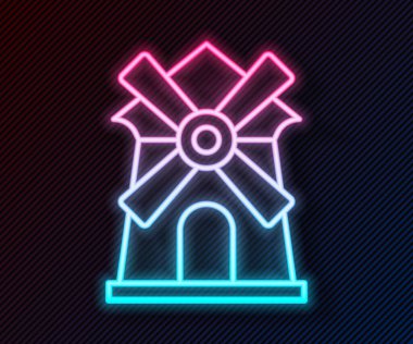 Parlayan neon hattı yel değirmeni simgesi siyah arkaplanda izole edildi. Vektör
