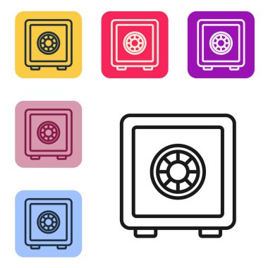 Siyah çizgi güvenli simgesi beyaz arkaplanda izole edildi. Kapı, şifreli bir banka kasası. Güvenilir Veri Koruma. Renkli kare düğmelerle simgeleri ayarla. Vektör