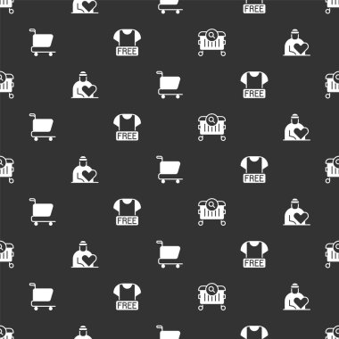 Yemek arama seti, gönüllü, alışveriş arabası ve giysi bağışlarını kusursuz bir şekilde yapın. Vektör