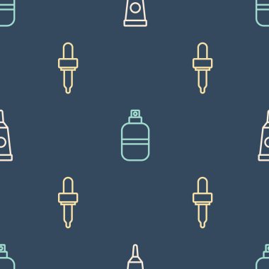 Hat kremi ya da losyon kozmetik tüpü, Pipette ve Parfüm 'ü kusursuz desene ayarlayın. Vektör