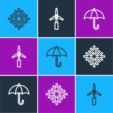 Hattı Snowflake, Şemsiye ve Rüzgar türbini simgesini ayarla. Vektör