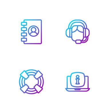 Dizüstü bilgisayara bilgi, Lifebuoy, adres defteri ve kadın kulaklığı koyun. Renk simgeleri. Vektör