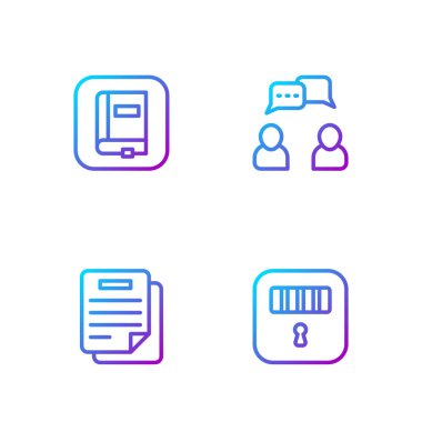 Hücre kapısı, belge, hukuk kitabı ve konuşma balonu sohbetini ayarla. Renk simgeleri. Vektör