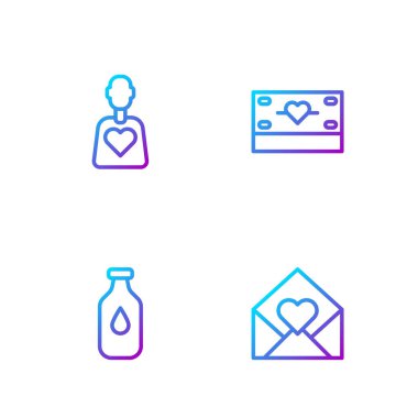 Zarfı Sevgililer Günü Kalbi, Bir şişe su, Gönüllü ve Bağış ve Bağış. Renk simgeleri. Vektör