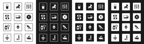 采购产品设置标记笔 玩具卡车 足球球 飞机和肥皂泡沫瓶子图标 — 图库矢量图片