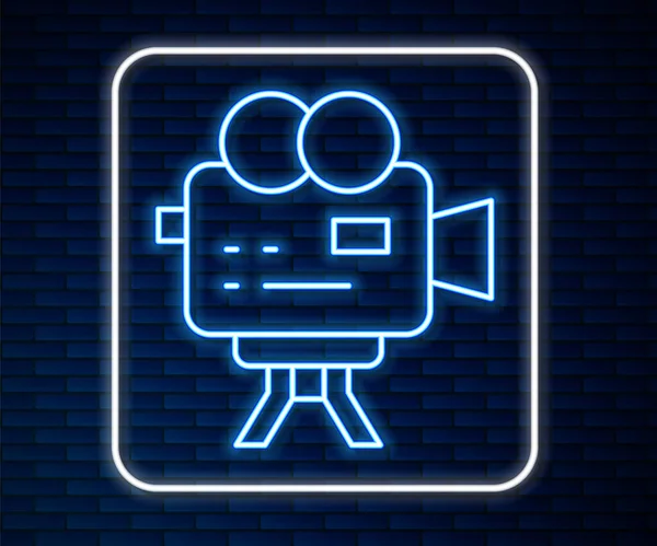 发光的霓虹灯线复古电影摄影机图标隔离在砖墙背景 摄像机 电影标志 电影放映机B — 图库矢量图片