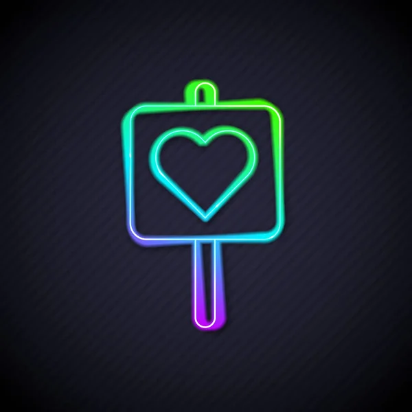 Zářící Neonová Čára Ukazatel Mapy Ikonou Srdce Izolovanou Černém Pozadí — Stockový vektor