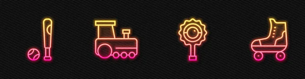 设定线响尾蛇宝宝玩具 棒球球棒与球 玩具火车和轮滑 发光的霓虹灯图标 — 图库矢量图片