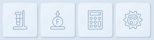 ラインの設定スタンド 計算機 物理式とウイルスの力に試験管フラスコを設定します 白い四角形のボタン ベクトル — ストックベクタ