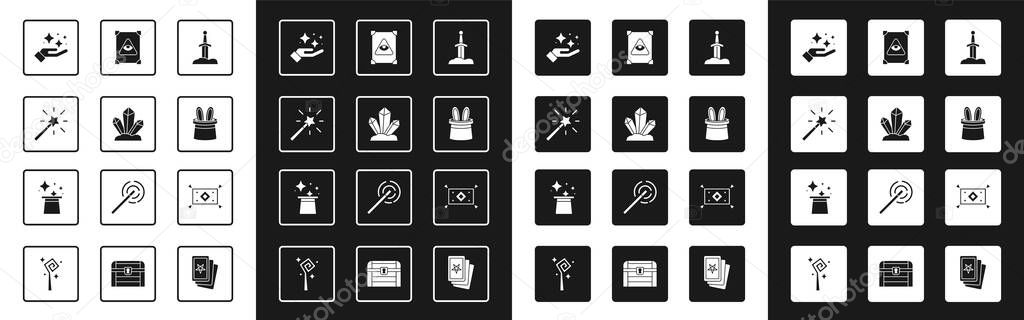 Set Sword in the stone, Magic, wand, Sparkle stars with magic trick, Magician hat rabbit ears, Ancient book, carpet and  icon. Vector