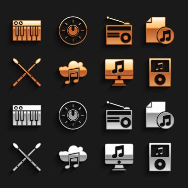 Set Music Streaming Service, Kitap with note, player, Computer music, Drum sticks, Radio antenna, synthesizer and Dial knob level teknoloji ayarları simgesi. Vektör
