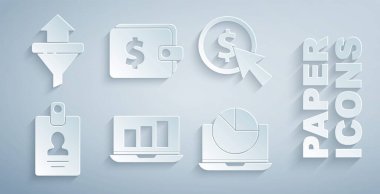 Dizüstü bilgisayarı grafik çizelgesi, İmleç ve madeni para, kimlik kartı, cüzdan doları ve satış huni okları ikonu ile ayarla. Vektör