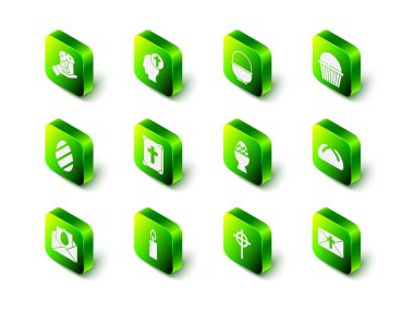 İnsan kafasını Hıristiyan haçı, Basket, Paskalya pastası, tebrik kartı Happy, yumurta standı, Christian ve Burning mum ikonu ile ayarla. Vektör