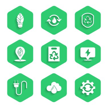 Geri dönüşümlü kağıt torba, Bulut yağmuru, dişli ve okları iş akışı, şimşek sürgüsü, elektrik prizi, konum yaprağı, kalkanın içindeki geri dönüşüm sembolü ve ampul simgesi olarak ayarla. Vektör
